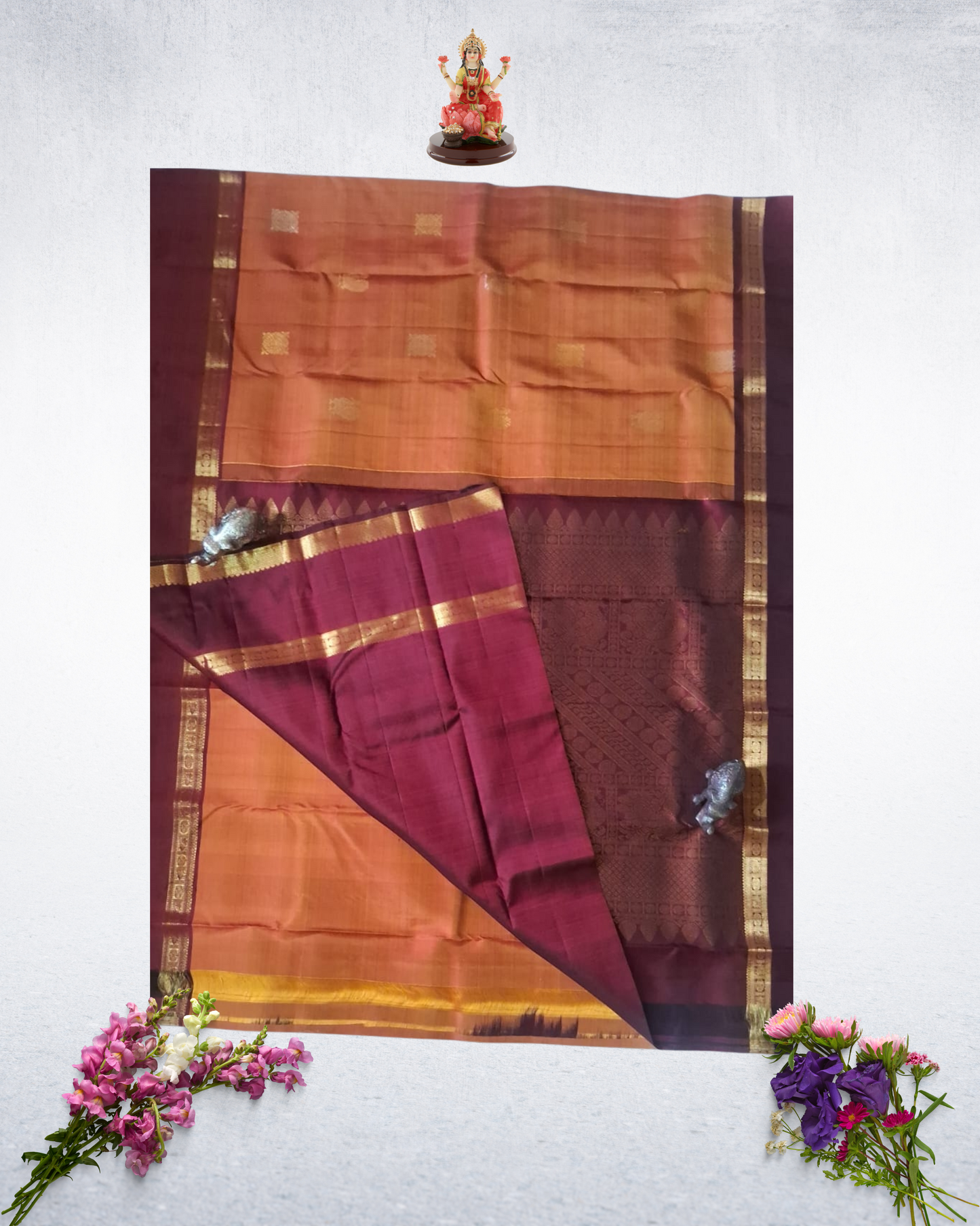 Handwoven Pure Silk Saree in Rich Maroon & Orange with Intricate Zari Work