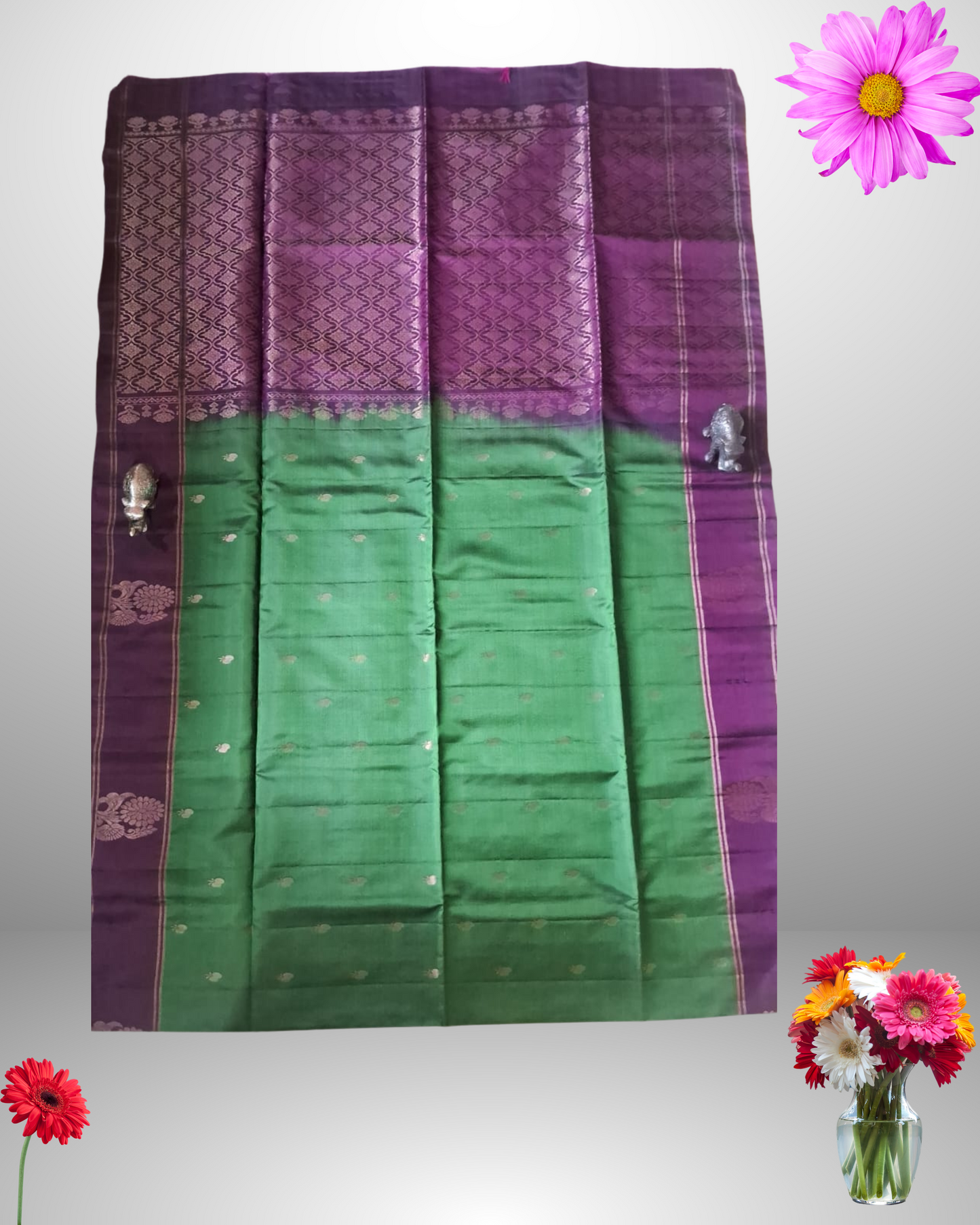 Traditional Green and Purple Pure Silk Saree – Handloom Woven with Zari Border & Rich Pallu