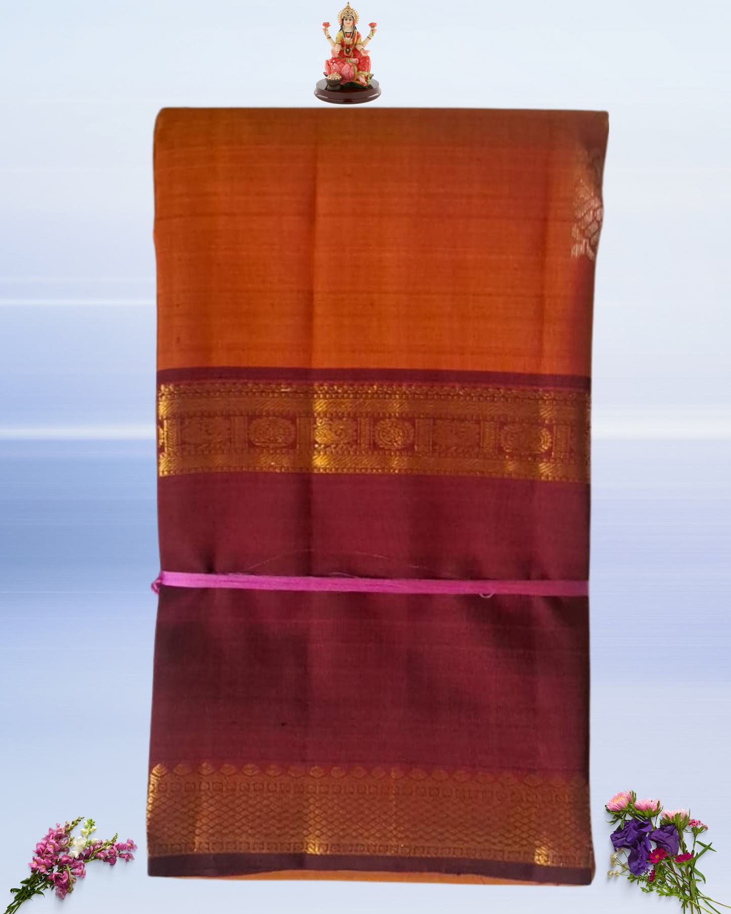 Handwoven Pure Silk Saree in Rich Maroon & Orange with Intricate Zari Work