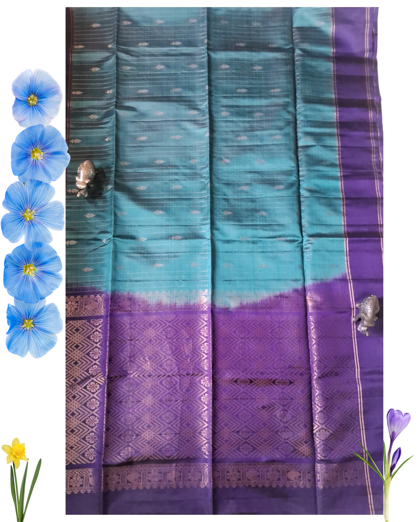 Teal Blue & Violet Handloom Silk Saree with Zari Woven Pallu & Silver Motifs