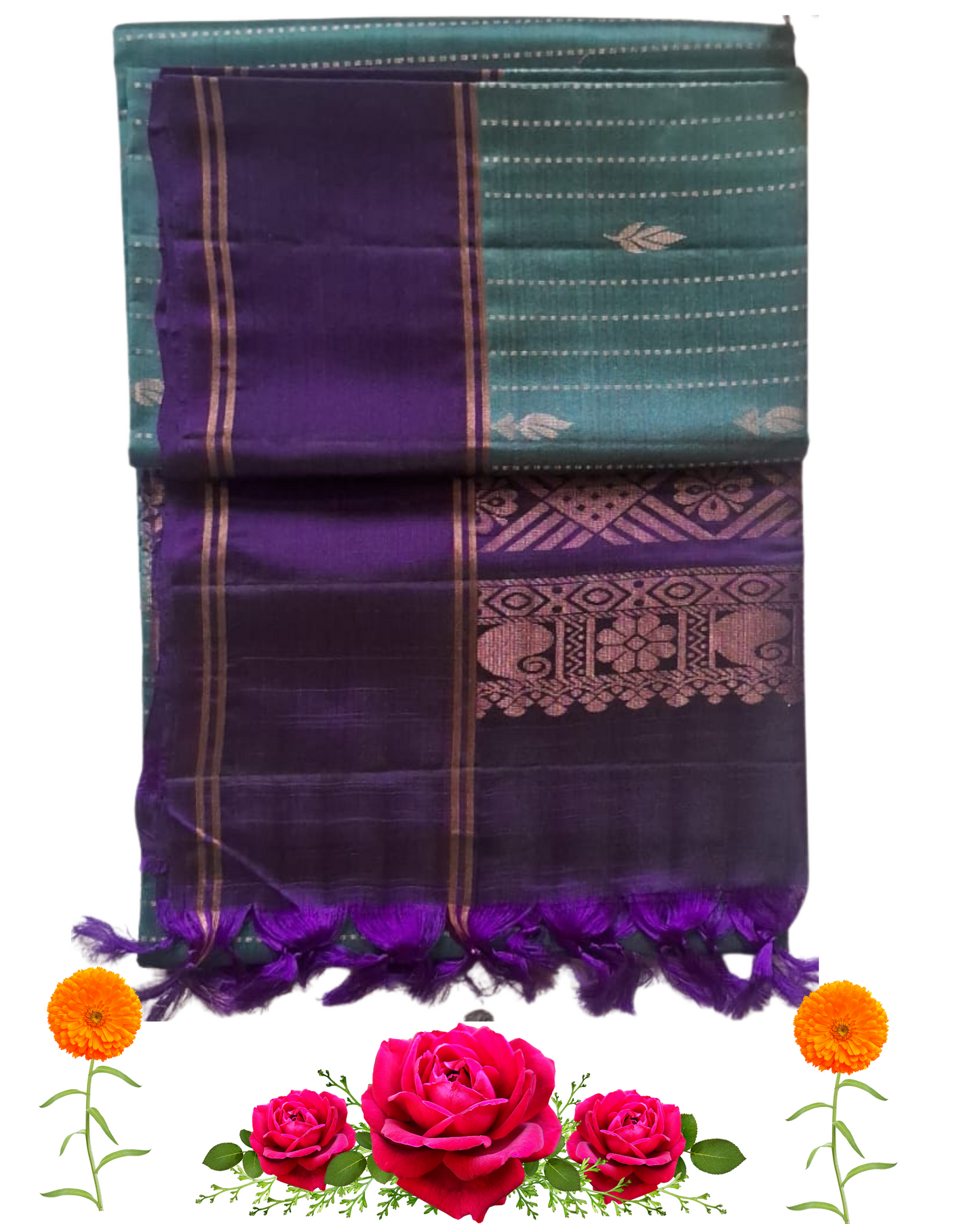 Teal Blue & Violet Handloom Silk Saree with Zari Woven Pallu & Silver Motifs