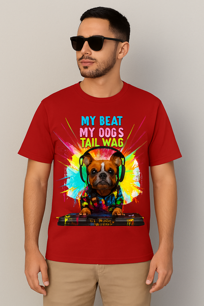 French Bulldog DJ Graphic Tee – Vibrant Red | Premium Cotton Streetwear for Dog Lovers & Music Fans | Unisex Oversized Classic T-Shirt