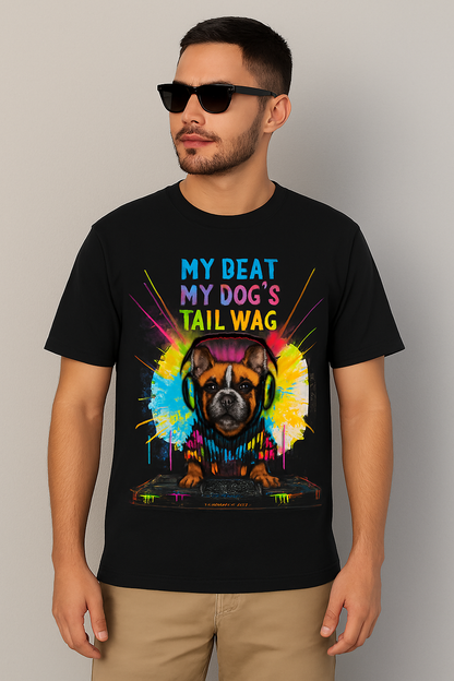 DJ Bulldog Graphic T-Shirt – Vibrant Music & Pet Lover Tee in Maroon | Unisex Terry Oversized Tee