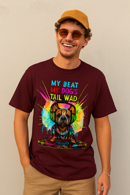 DJ Bulldog Graphic T-Shirt – Vibrant Music & Pet Lover Tee in Maroon | Unisex Terry Oversized Tee