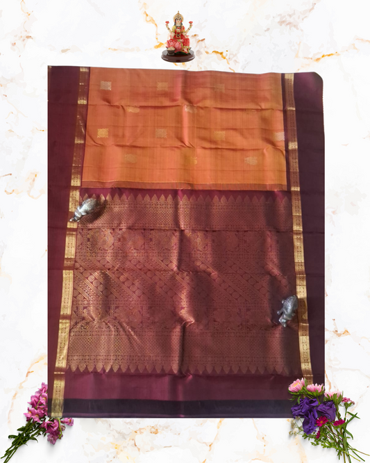 Handwoven Pure Silk Saree in Rich Maroon & Orange with Intricate Zari Work
