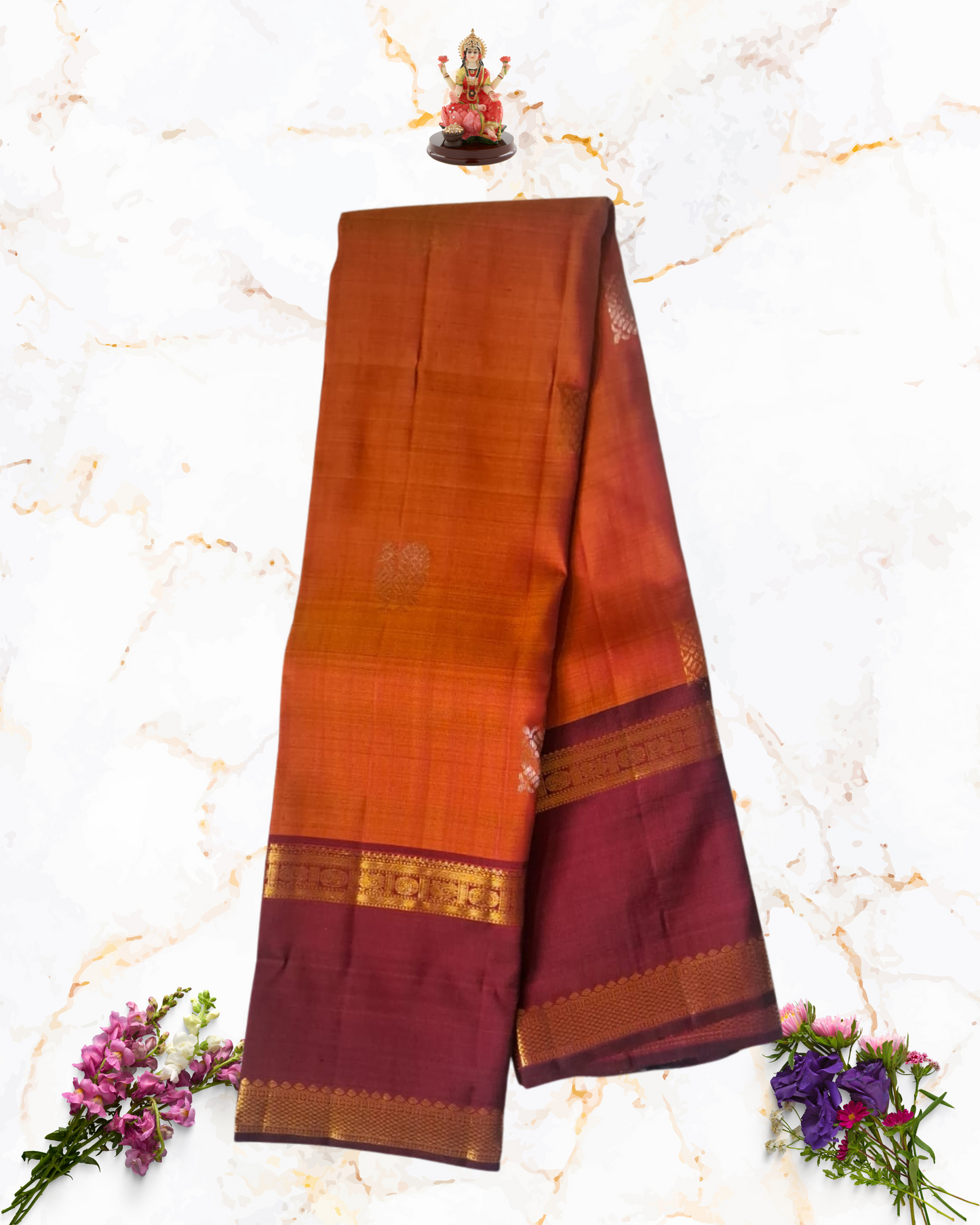 Handwoven Pure Silk Saree in Rich Maroon & Orange with Intricate Zari Work