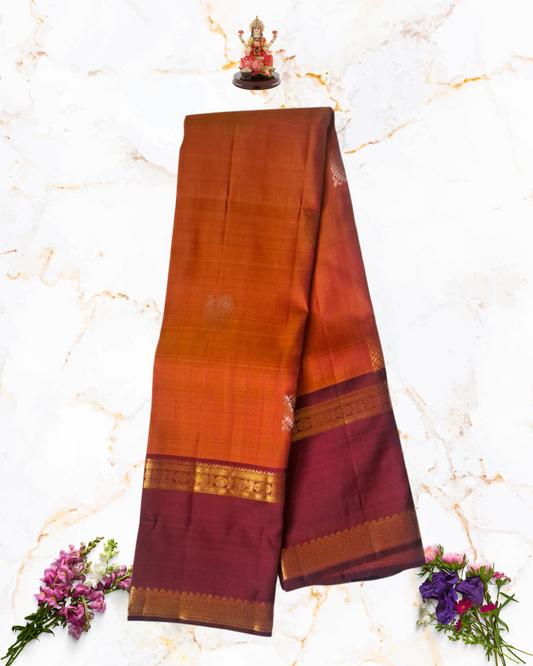Handwoven Pure Silk Saree in Rich Maroon & Orange with Intricate Zari Work