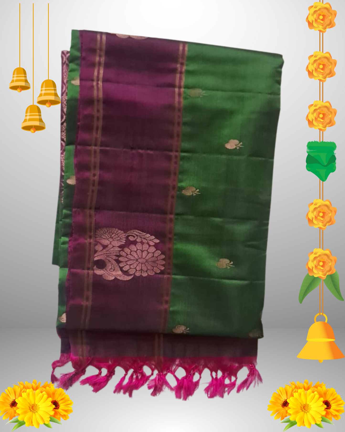Traditional Green and Purple Pure Silk Saree – Handloom Woven with Zari Border & Rich Pallu
