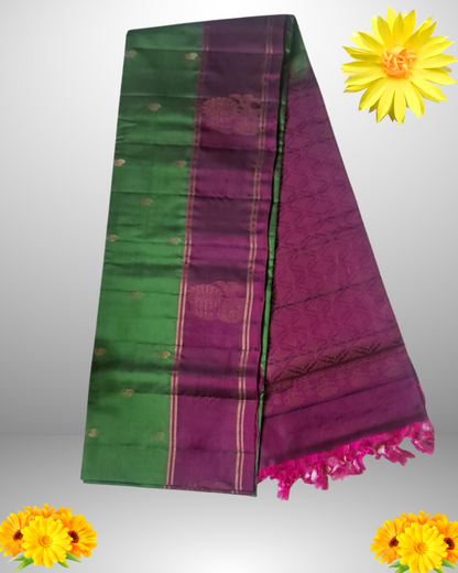 Traditional Green and Purple Pure Silk Saree – Handloom Woven with Zari Border & Rich Pallu