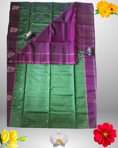 Traditional Green and Purple Pure Silk Saree – Handloom Woven with Zari Border & Rich Pallu