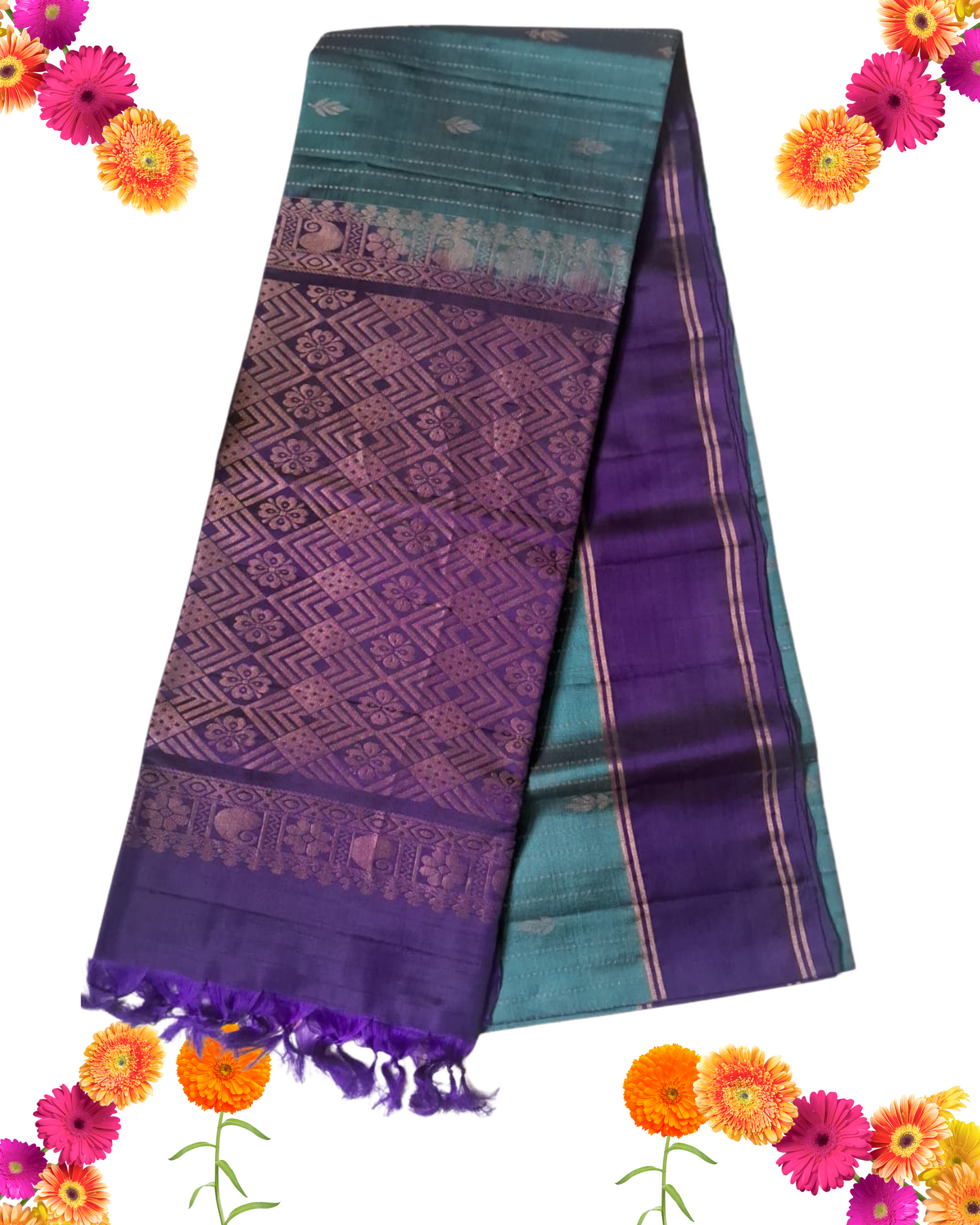 Teal Blue & Violet Handloom Silk Saree with Zari Woven Pallu & Silver Motifs
