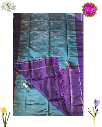 Teal Blue & Violet Handloom Silk Saree with Zari Woven Pallu & Silver Motifs
