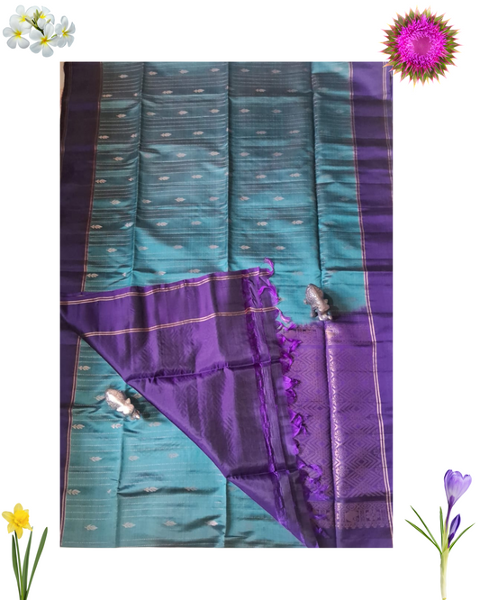 Teal Blue & Violet Handloom Silk Saree with Zari Woven Pallu & Silver Motifs